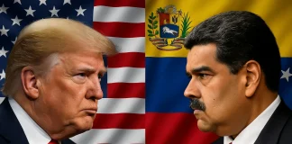🇺🇸🇻🇪 EN VIVO: Conflicto EE.UU.–Venezuela, minuto a minuto entre Trump y Maduro Donald Trump y Nicolás Maduro frente a frente con banderas de Estados Unidos y Venezuela, representando el conflicto político y militar