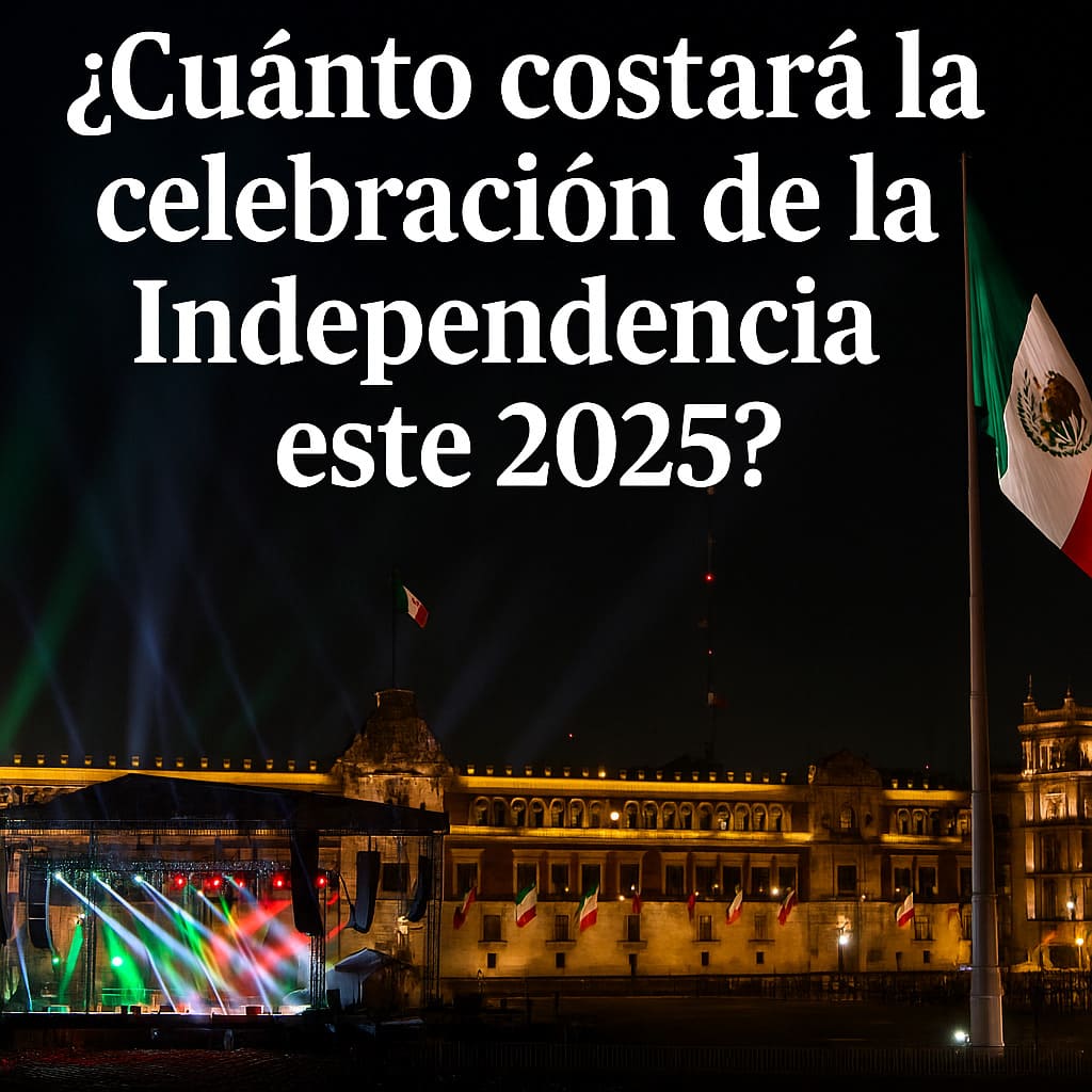 Escenario con luces y banderas para la celebración de la Independencia de México 2025