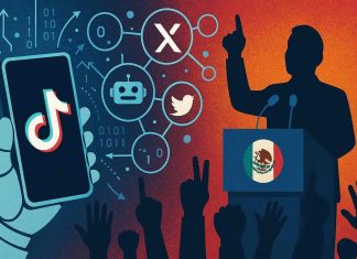 🧨 Algoritmos de redes sociales: cómo TikTok y X moldean la política mexicana Ilustración de algoritmos de redes sociales influyendo en la política mexicana a través de TikTok y X
