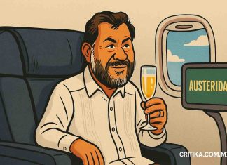 🎨 Caricatura Política | El vuelo de la austeridad Noronãa y su viaje a Medio Oriente: el discurso de la austeridad en primera clase.