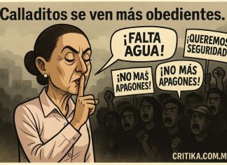🤫”Calladitos se ven más obedientes”: la caricatura que retrata el silencio impuesto en México Caricatura política: presidenta mexicana haciendo gesto de silencio frente a ciudadanos con pancartas exigiendo seguridad y agua, con sombra militar detrás.