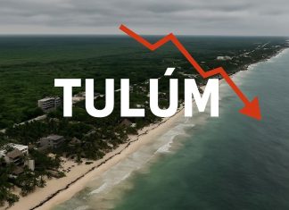 📉 Crisis turística en Tulum 2025: lujo, corrupción y el colapso del paraíso mexicano Vista aérea de Tulum con playas vacías, construcciones detenidas y ambiente desolado durante la crisis turística 2025.