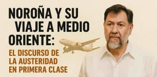 Noroña y su viaje a Medio Oriente: el discurso de la austeridad en primera clase Gerardo Fernández Noroña en avión rumbo a Medio Oriente con guayabera de lujo; portada editorial sobre austeridad y privilegios.