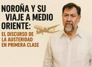 Noroña y su viaje a Medio Oriente: el discurso de la austeridad en primera clase Gerardo Fernández Noroña en avión rumbo a Medio Oriente con guayabera de lujo; portada editorial sobre austeridad y privilegios.
