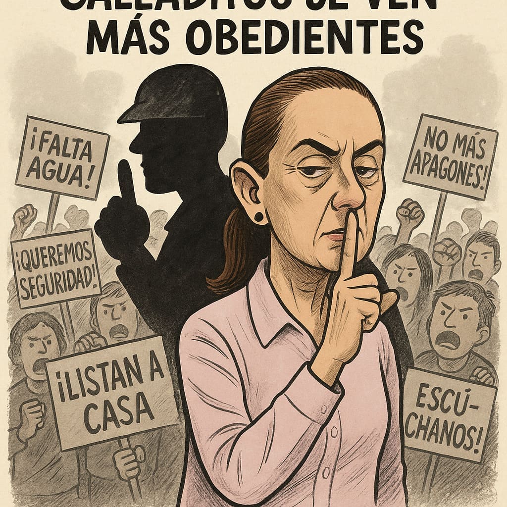 Caricatura política: presidenta mexicana haciendo gesto de silencio frente a ciudadanos con pancartas exigiendo seguridad y agua, con sombra militar detrás.