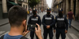 ¿Qué puedes grabar en México? Derechos frente a la autoridad Ciudadano grabando a policías en una calle de México como ejercicio de sus derechos