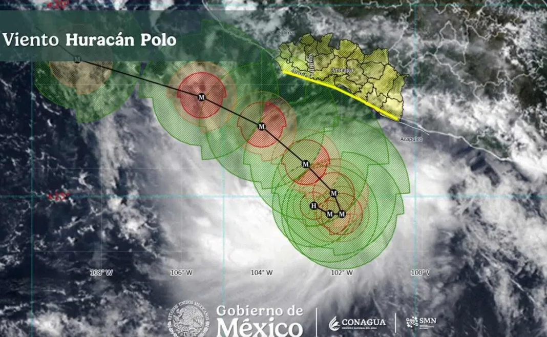 Gráfico oficial de Conagua con la trayectoria y el cono de viento del huracán Polo