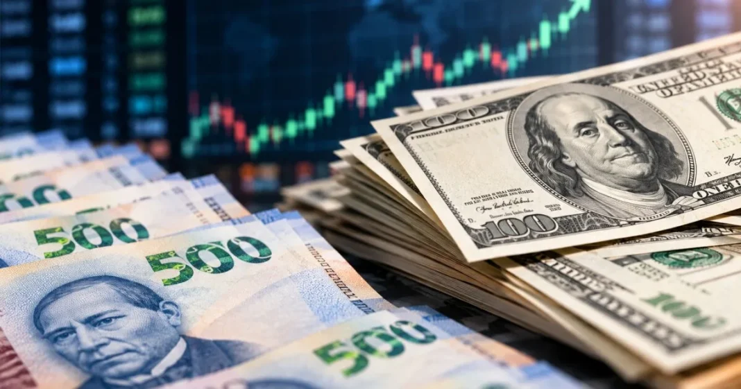 Billetes de pesos mexicanos y dólares: el peso cae a su peor nivel de 2026